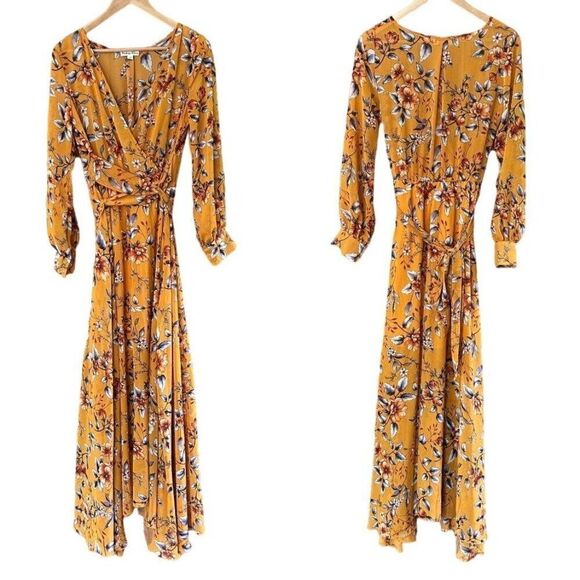 Indigo Rose Medium Maxi Dress Yellow Floral V-Neck Belted‎ Cottage Core Flowy - Picture 1 of 16